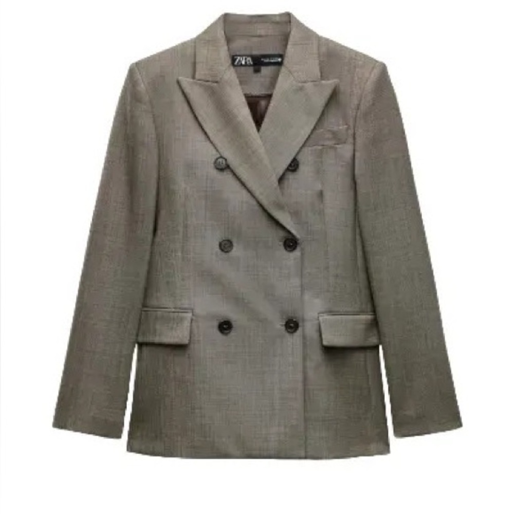 NWT Zara ZW Collection Fitted Wool Blend Double-Breasted Gray Blazer